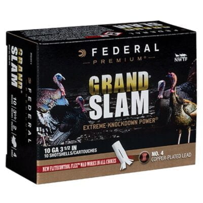 Federal Grand Slam 10 Gauge Ammunition 10 Rounds 3-1/2″ #4 Copper Plated Lead 2 Ounce Flightcontrol Flex Wad 1200fps