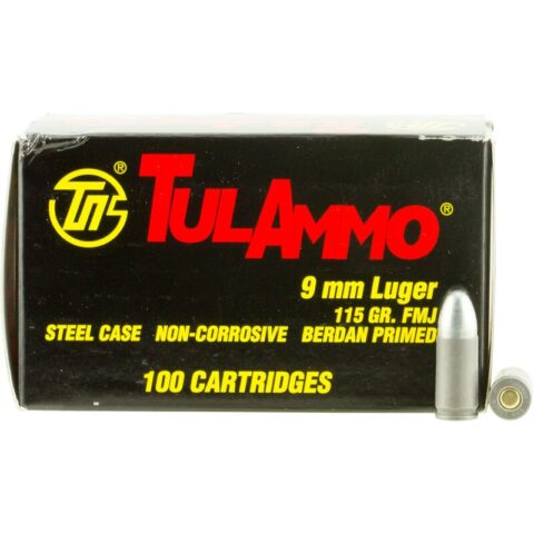 TulAmmo 9mm Ammunition 100 Rounds, Steel Case FMJ, 115 Grains