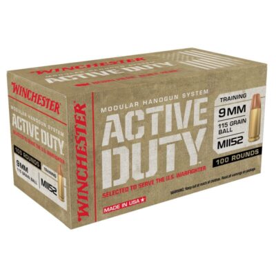 Winchester USA Active Duty 9mm Luger Ammunition 100 Rounds 115 Grains Flat Nose FMJ 1320 fps