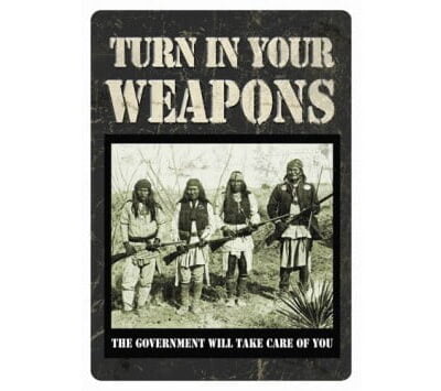 RIVERS EDGE TIN SIGN 12″X17″ “TURN IN YOUR WEAPONS”