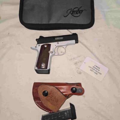 Used Kimber Micro .380 Semi-Auto Pistol w/3 Mags, Desantis Leather Holster, Soft Case Two Tone