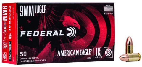 Federal American Eagle 9mm 115gr. Full Metal Jacket Rounds 50rd/Box, for Target Shooting